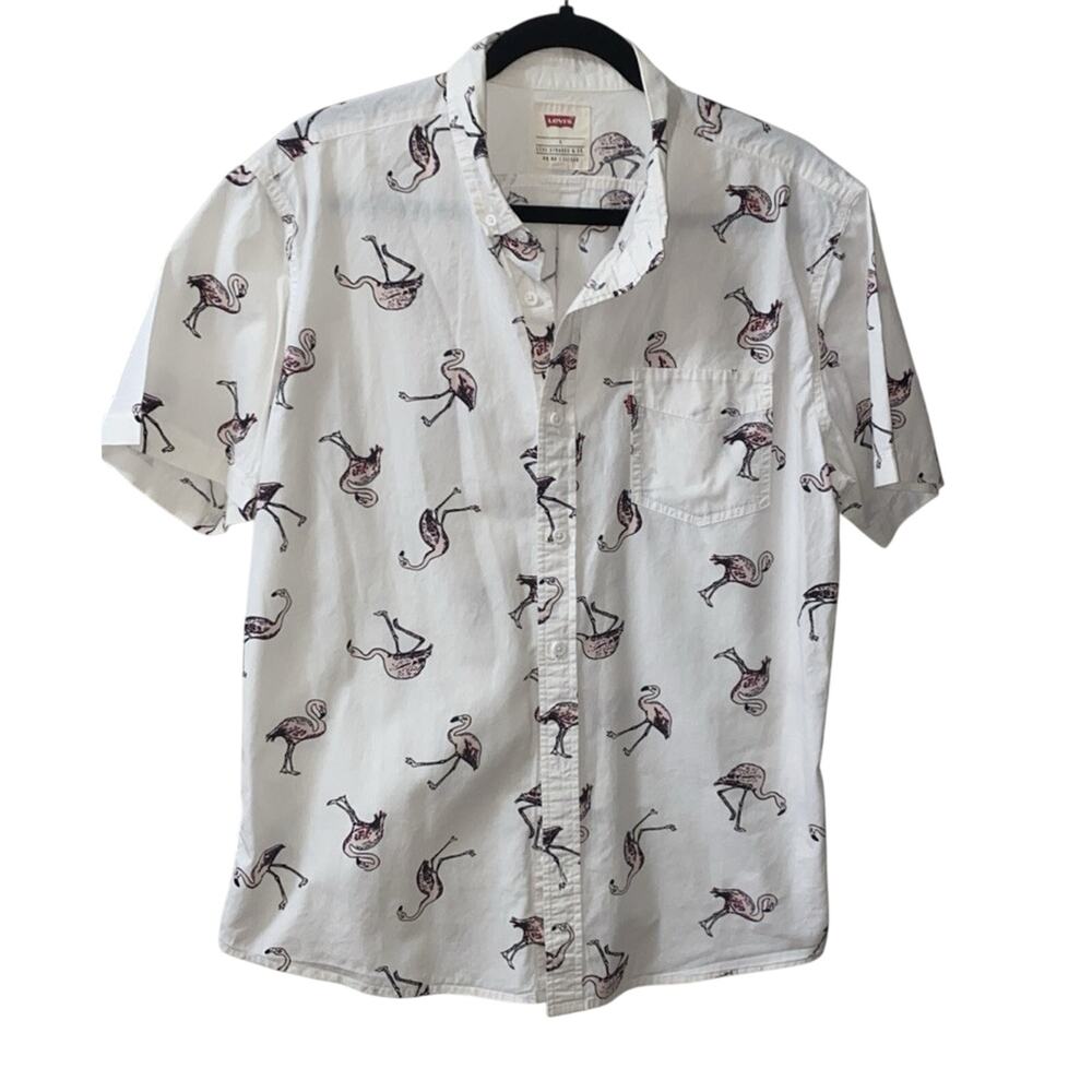 Levis Flamingo Shirt Mens Large Button Down Shirt White Short Sleeve Flamingo
